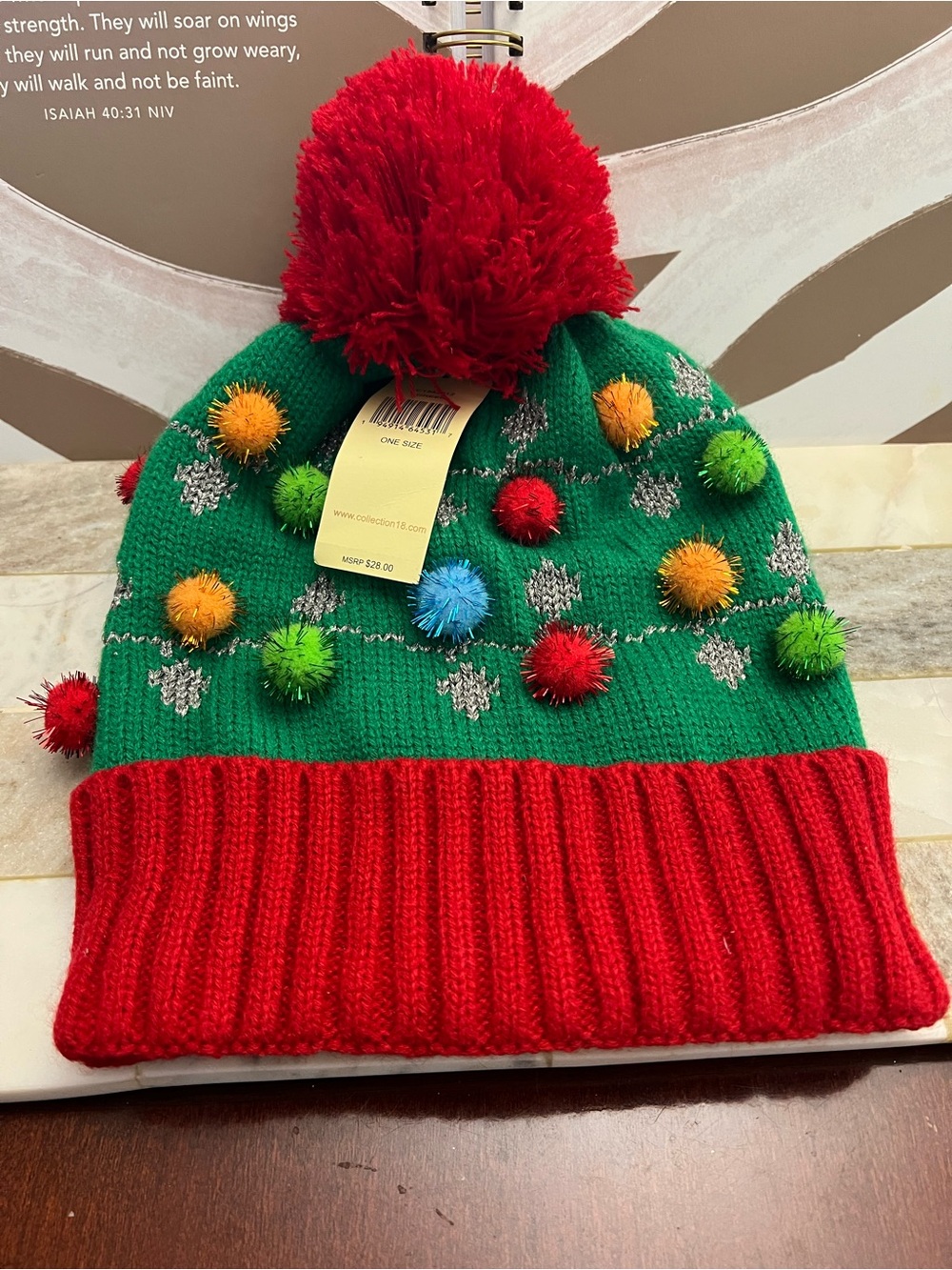 Collection XIIX Green Knit Pom Beanie with Red Cuff